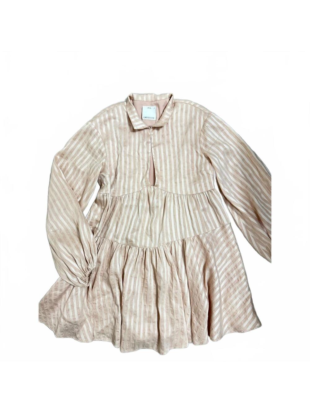C/MEO Collective Pink Metallic Stripe Balloon Sleeve Mini Dress Medium